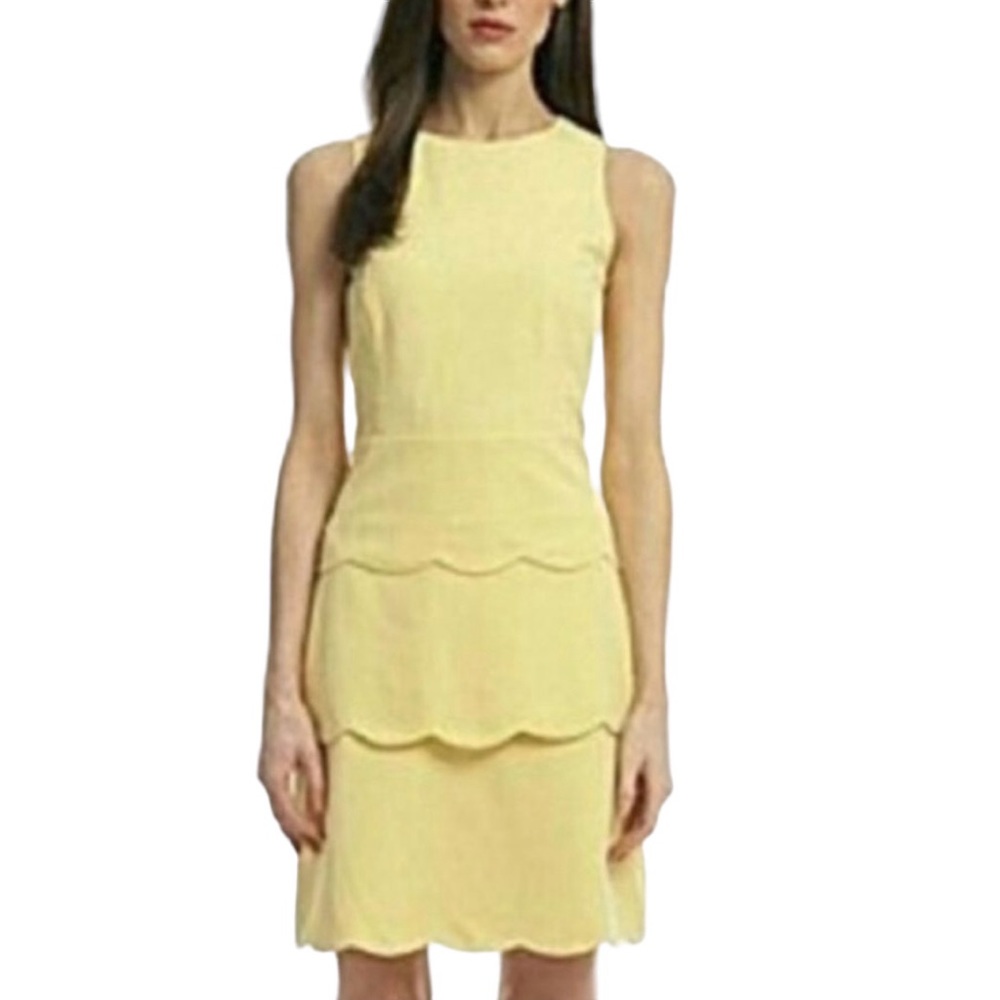 Belle Badgley Mischka Sheath Dress Yellow Scalloped Layered Sleeveless size 6